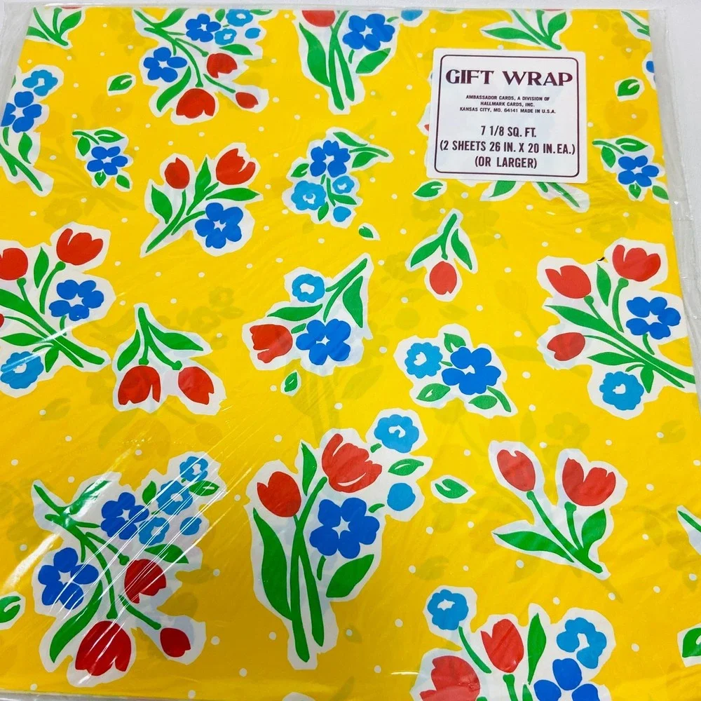 VTG NOS Wrapping Paper Hallmark Ambassador Primary Floral 1990s Gift Wrap Yellow